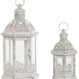 Set di 2 Lanterne in Metallo Bianco Invecchiato con Inserti in Cristallo