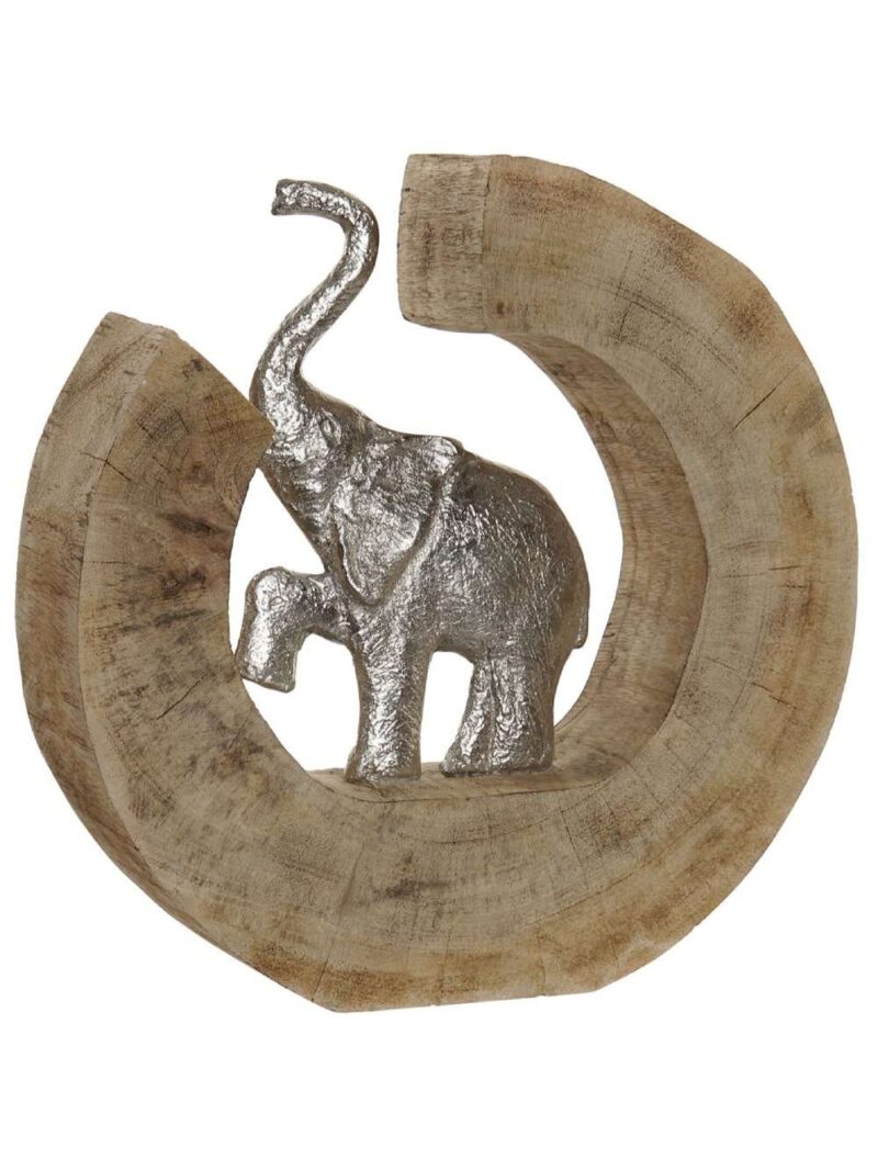 Figura Elefante In Alluminio Con Base In Legno Di Mango