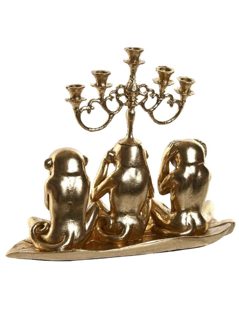 Candelabro Decorativo In Resina Dorato A Forma Di Tre Scimmiette