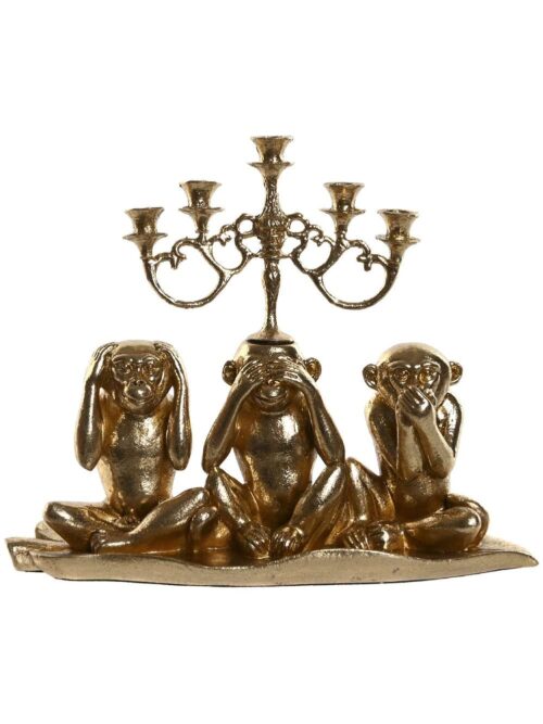 Candelabro Decorativo in Resina Dorato a Forma di Tre Scimmiette