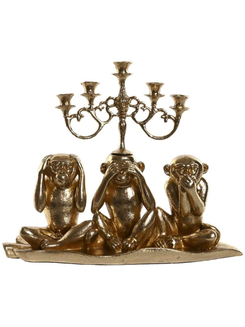 Candelabro Decorativo In Resina Dorato A Forma Di Tre Scimmiette