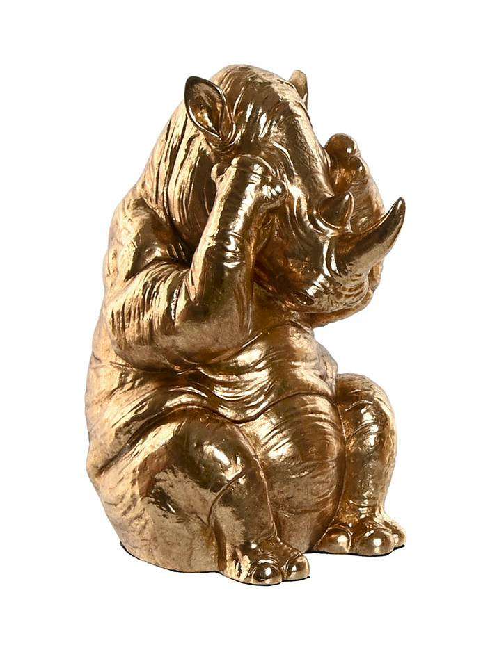 Figura In Resina A Forma Di Rinoceronte Seduto Dorato