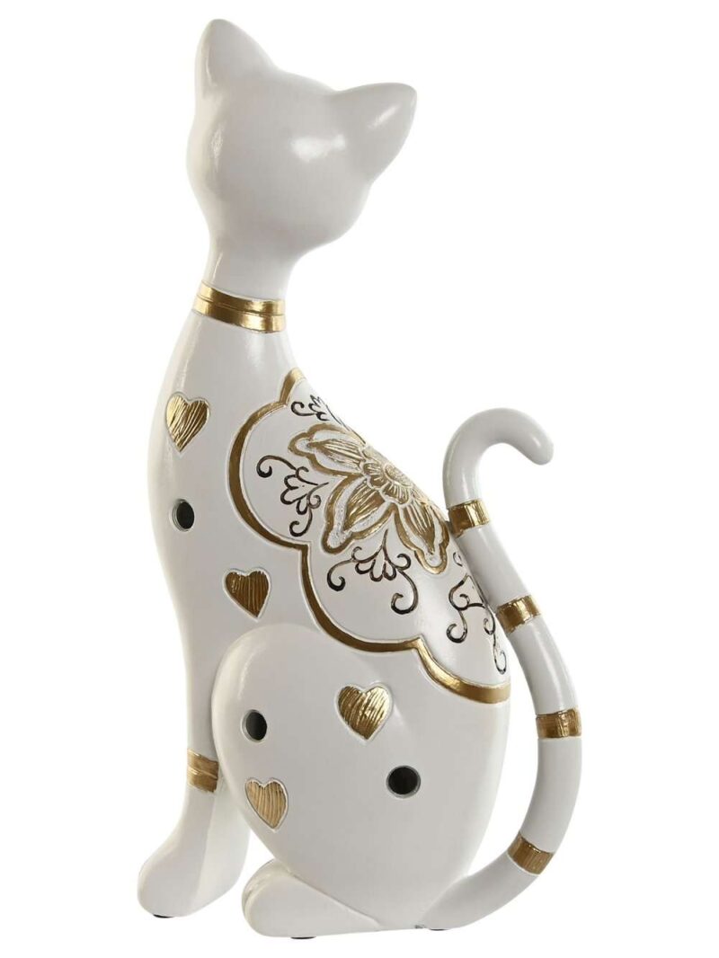 Gatto Decorativo In Resina Bianco Con Dettagli Dorati