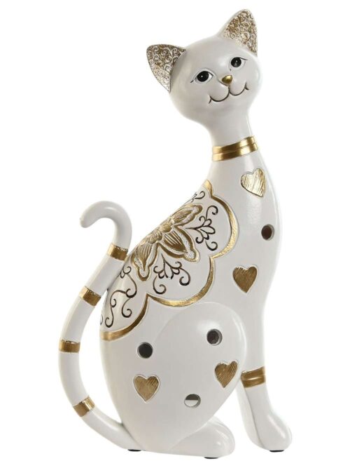 Gatto Decorativo in Resina Bianco con Dettagli Dorati