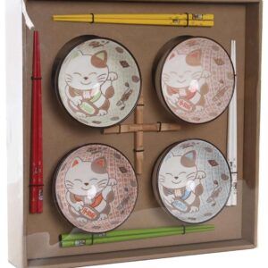 Set Sushi in Gres con Motivo Gatto in Bamboo