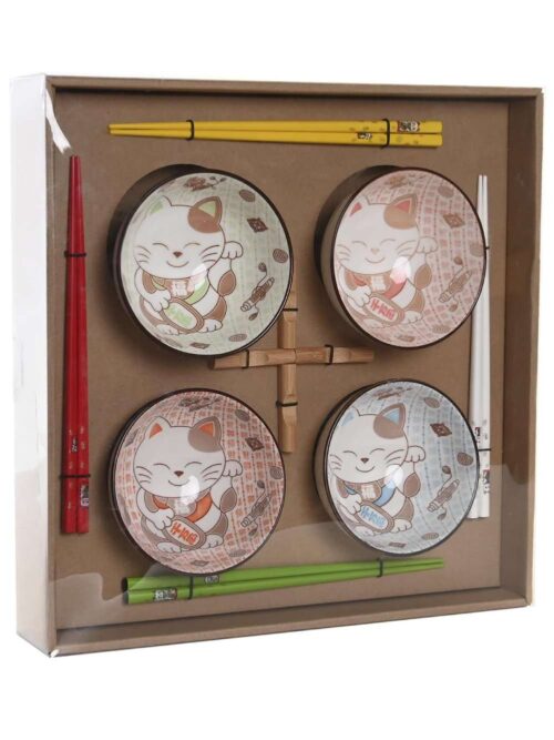 Set Sushi in Gres con Motivo Gatto in Bamboo