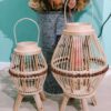 Portacandele In Rattan Naturale Con Cristallo 21X21X35 Cm
