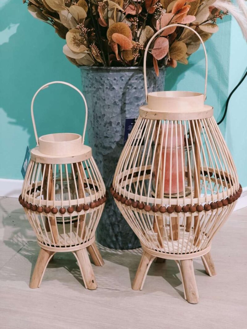 Portacandele In Rattan Naturale Con Cristallo 21X21X35 Cm
