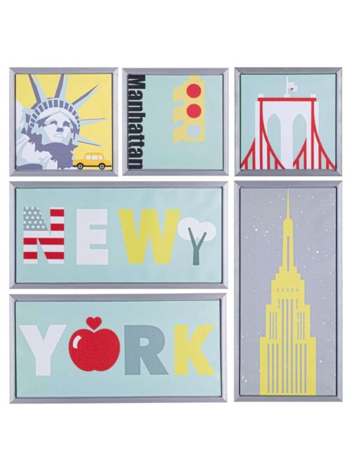 Set di 6 Stampe su Tela con Cornice New York 90x90 cm Struttura in MDF Cornice in Plastica