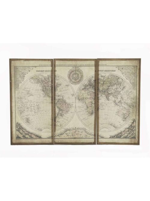 Trittico Planisfero Old Style 80x120 cm - Quadri su Tela con Cornice in Legno Marrone