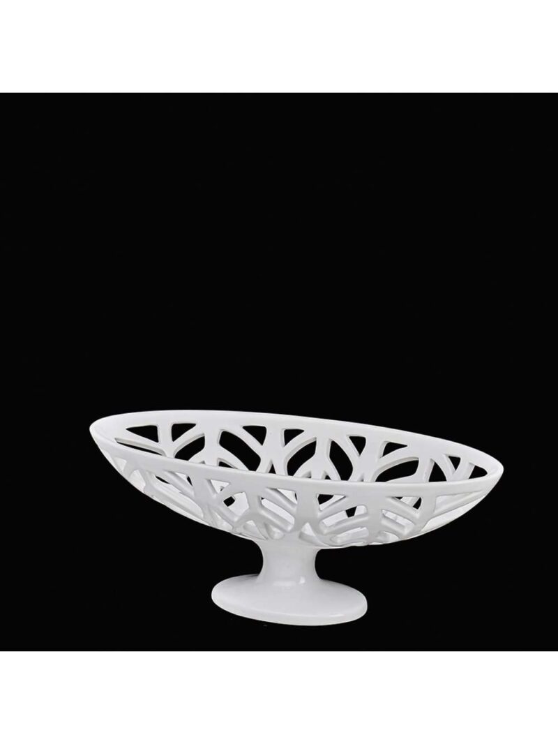 Coppa Ovale Con Piede In Ceramica 35X16 Bianco Collezione Leaves Di Henriette