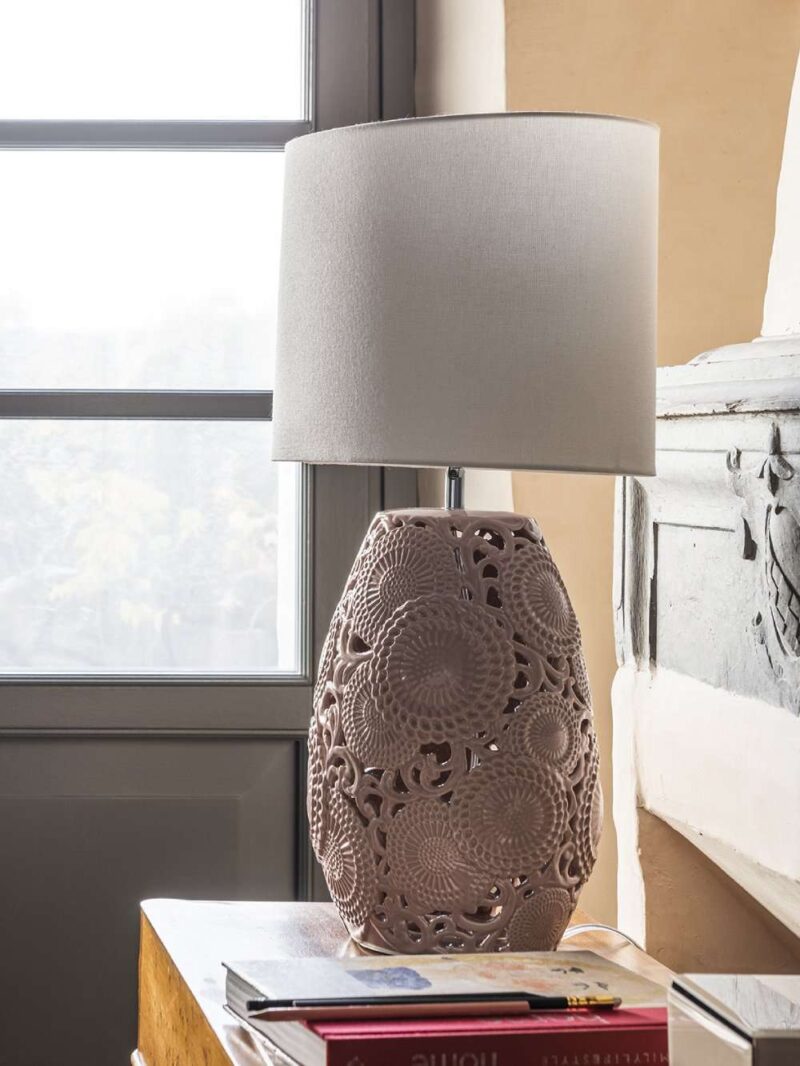 Lampada In Ceramica Rosa Con Paralume Bianco H65 Cm Collezione Kyoto Di Henriette