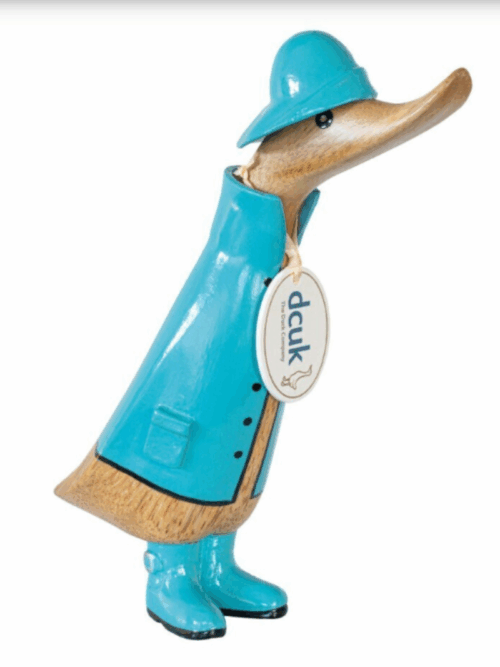 Duckling con Impermeabile Dipinto a Mano h20 cm Azzurro