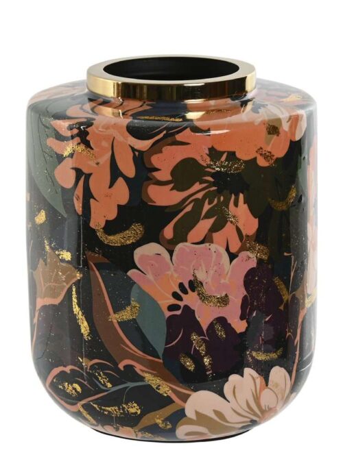 Vaso in Metallo Decorato Fiori Multicolore 17x17x21