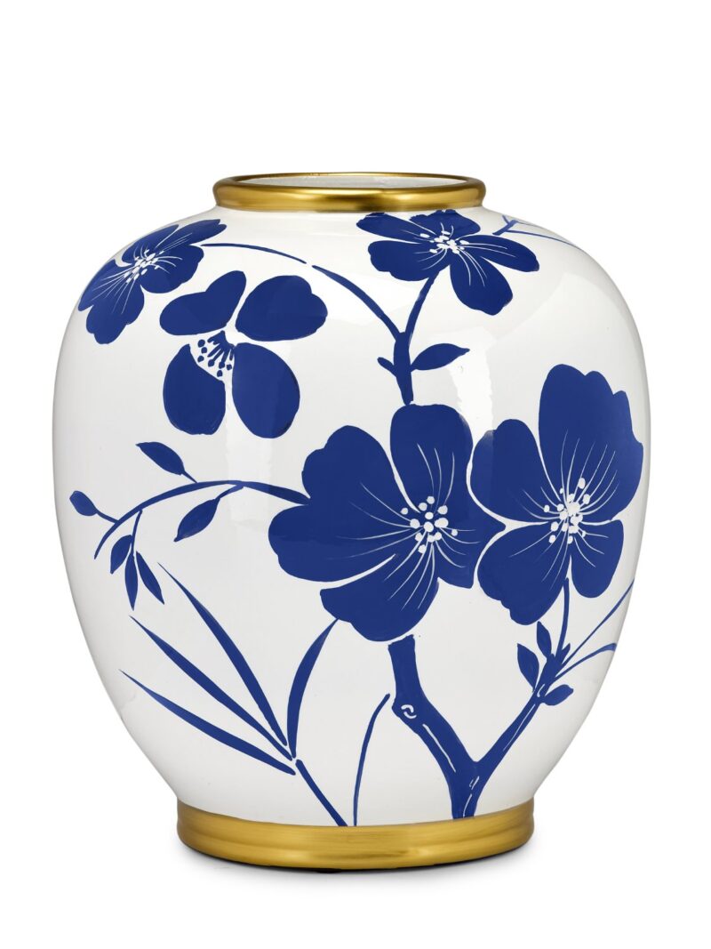 Vaso In Ceramica Bianco Con Fiori Blu