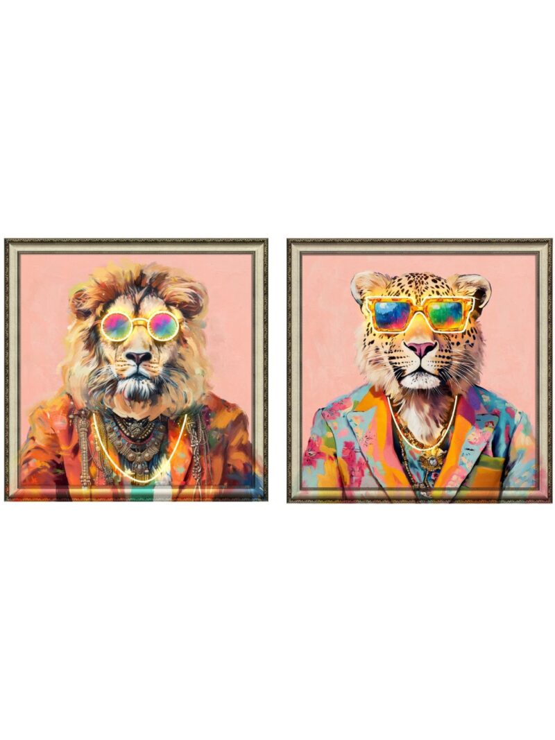 Quadro Led Leone Su Tela Pitturato A Mano 84X4X84 Cm