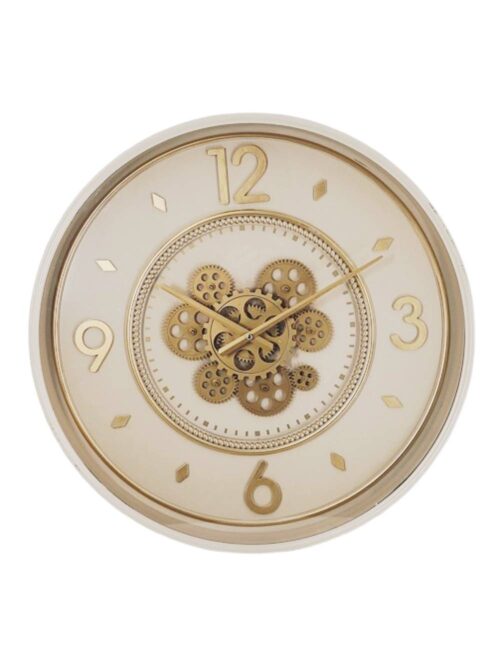Orologio da Parete in Ferro Avorio e Oro con Ingranaggi a Vista